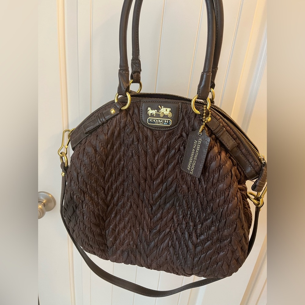 Gorgeous large Coach mahogany nylon handbag with leather trim.